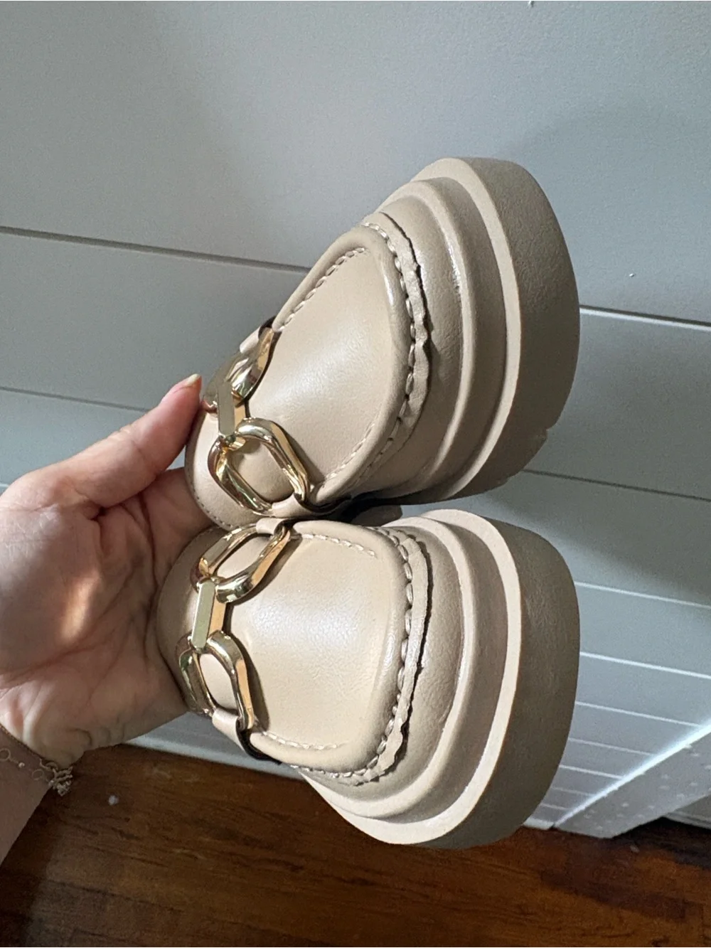 Zara Cream Leather Loafers with Gold Chain Accent